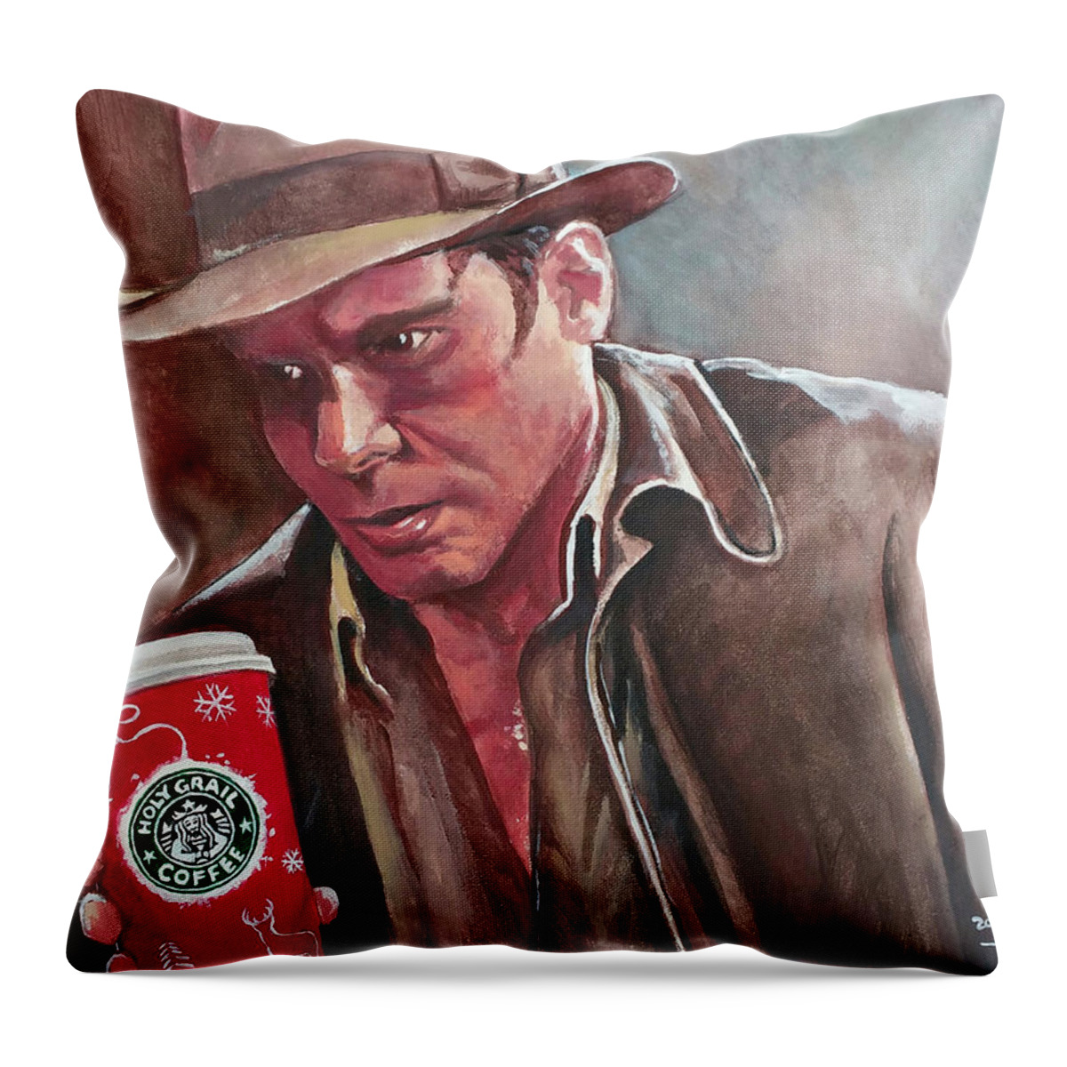 Indiana Jones Throw Pillow featuring the painting Indiana Jones and The Holy Java by Tom Carlton