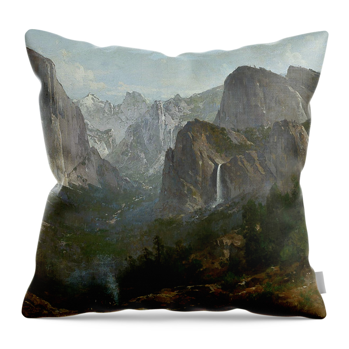 Thomas Hill Throw Pillow featuring the painting Indians at Campfire Yosemite Valley by Thomas Hill