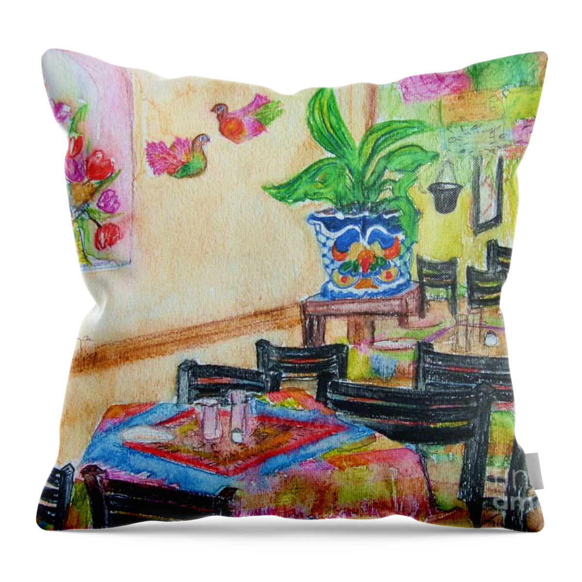 Watercolor Throw Pillow featuring the painting Indoor Cafe - GIFTED by Judith Espinoza