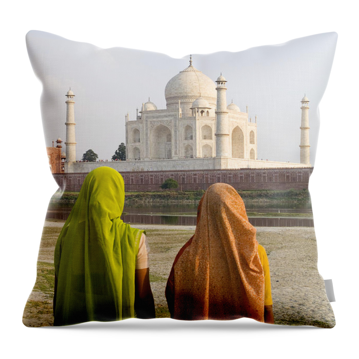 Agra Throw Pillow featuring the photograph indu women at the Taj Mahal by Bill Bachmann - Printscapes