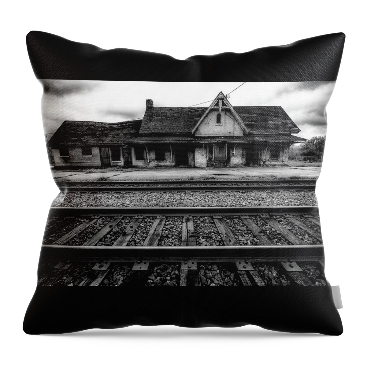 Black And White Throw Pillow featuring the photograph Ingersoll Train Station  by Karl Anderson