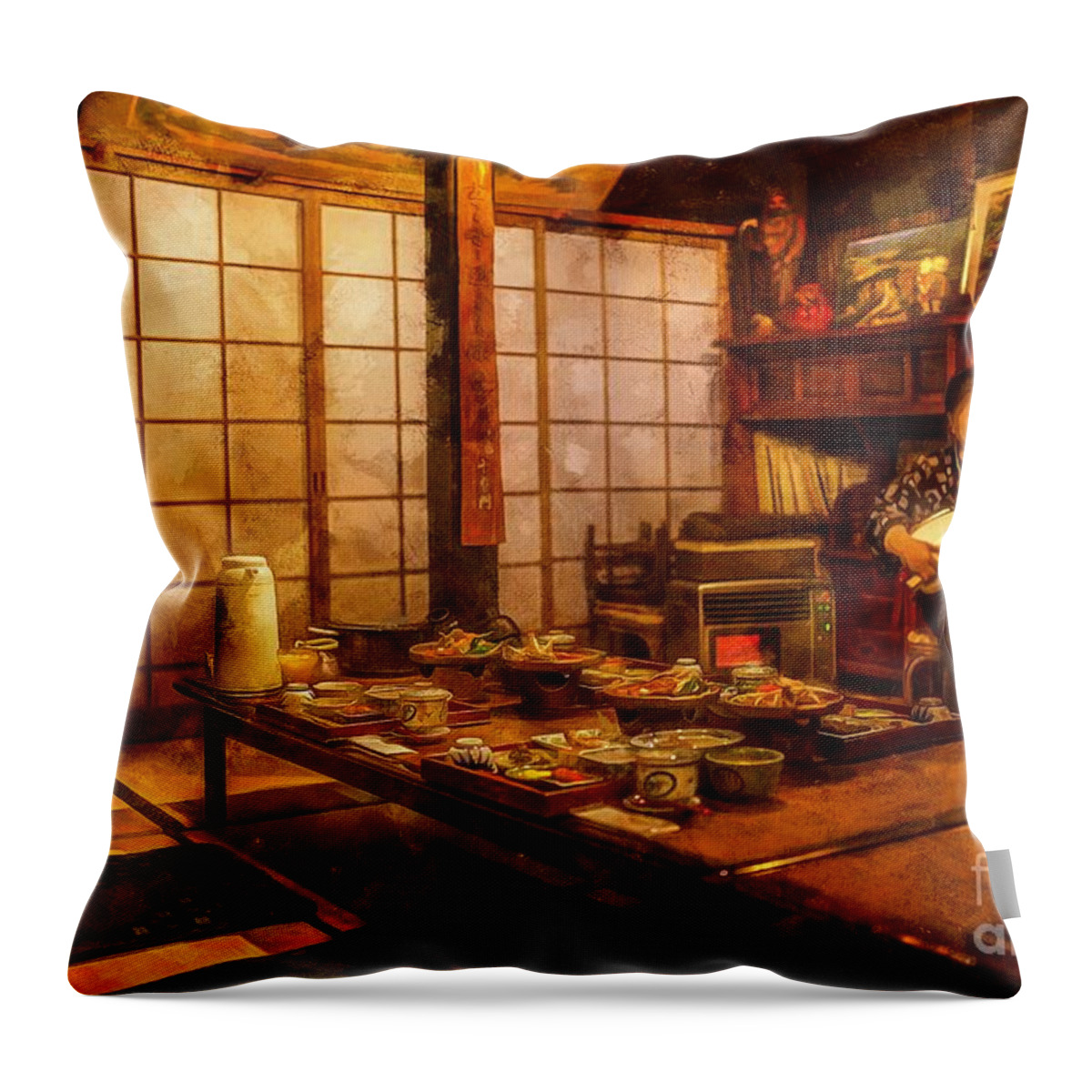 Interior Throw Pillow featuring the digital art Inside an Old Japanese Farm House by Eva Lechner
