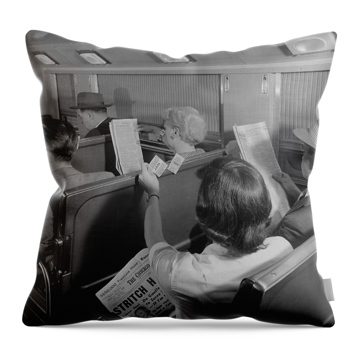 Passenger Cars Throw Pillow featuring the photograph Inside Bilevel Passenger Car - 1958 by Chicago and North Western Historical Society