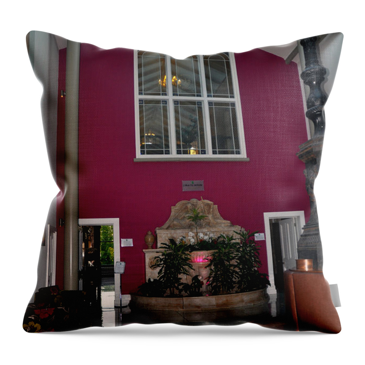 Lyrath Estate Throw Pillow featuring the photograph Inside entry Lyrath Estate Hotel by Cindy Murphy - NightVisions 