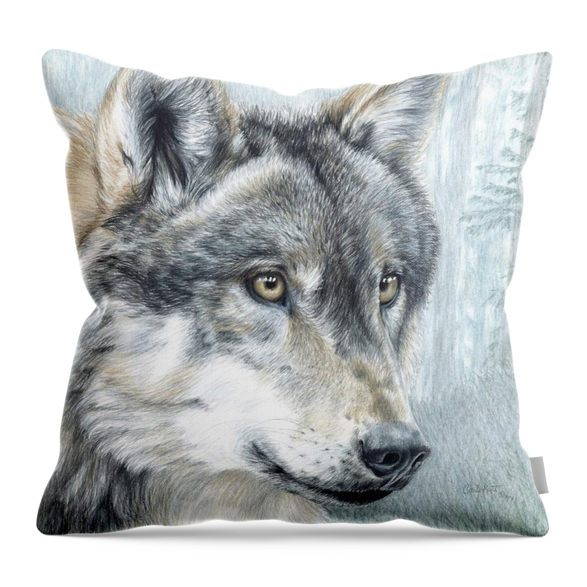 Wolf Throw Pillow featuring the drawing Intent Eyes by Carla Kurt