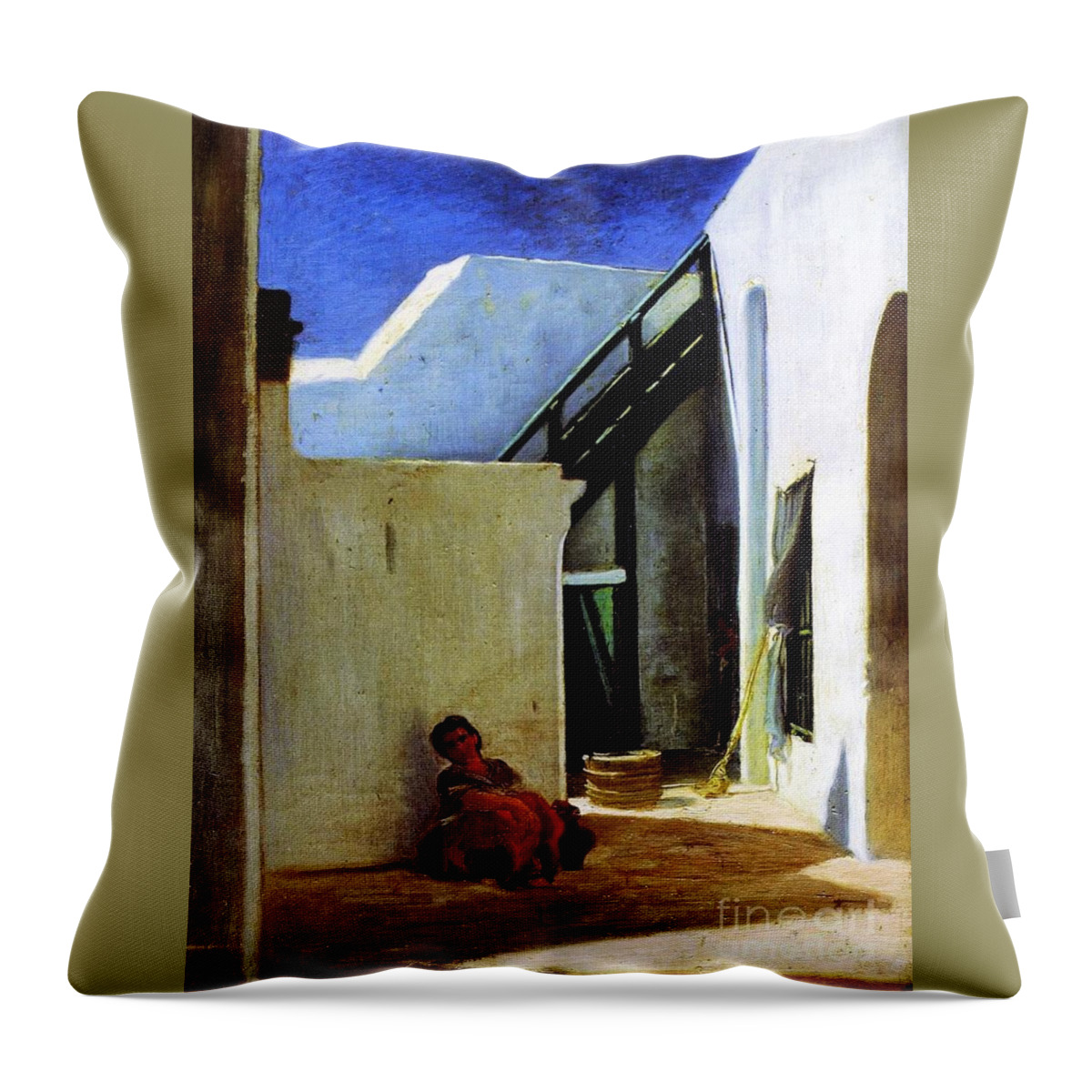 Alfred Dehodencq - Interior Of A Moroccan Courtyard 1860 Throw Pillow featuring the painting Interior of a Moroccan Courtyard by MotionAge Designs