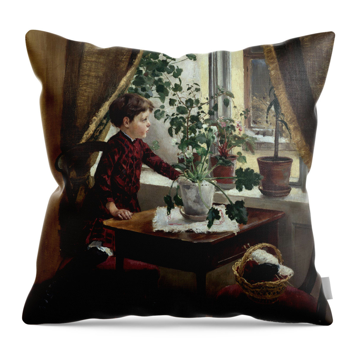 Axel Ender Throw Pillow featuring the painting Interior with child by O Vaering