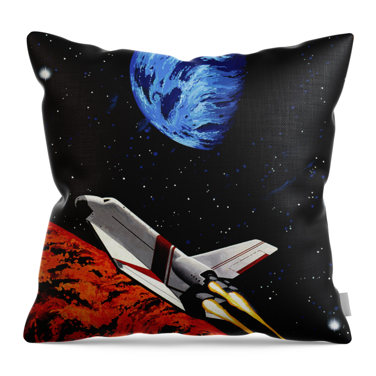 Shuttle Space Earth Planet Explore Astronaut Throw Pillow featuring the painting Into the unknown by Murry Whiteman