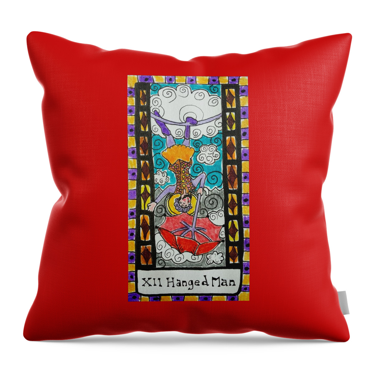 Tarot Throw Pillow featuring the drawing Intuitive Catalyst Card - Hanged Man by Corey Habbas