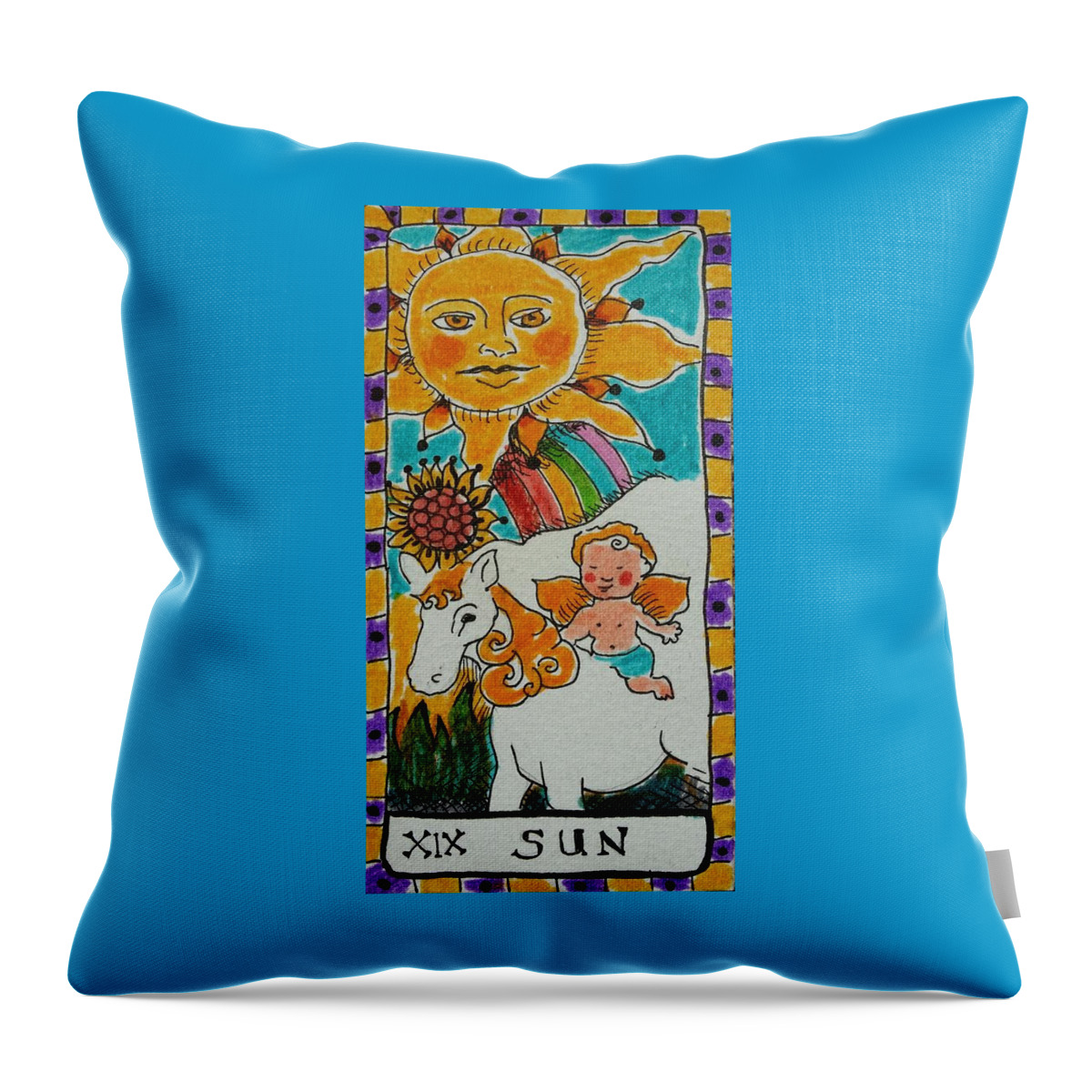 Tarot Throw Pillow featuring the drawing Intuitive Catalyst Card - Sun by Corey Habbas