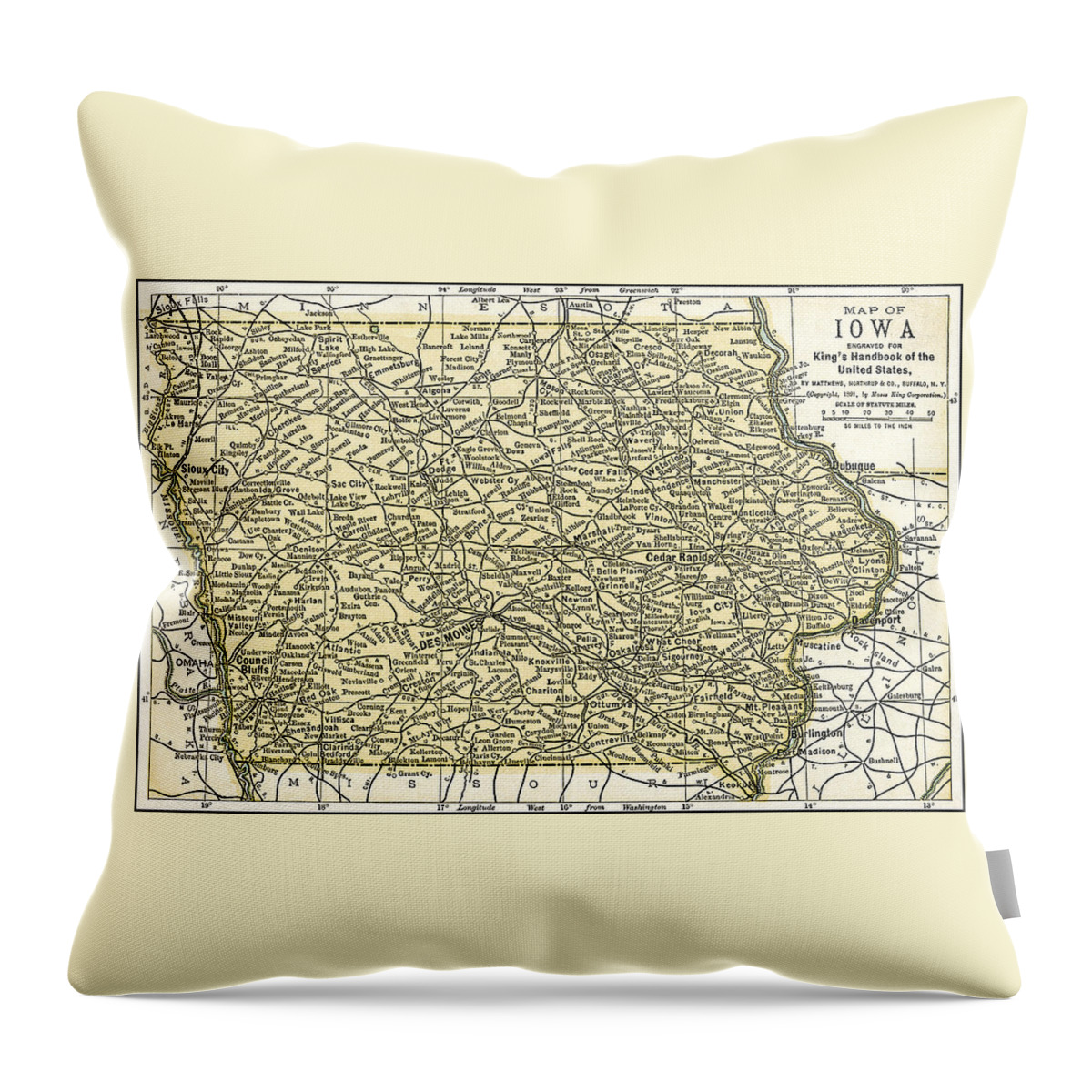 Map Throw Pillow featuring the photograph Iowa Antique Map 1891 by Phil Cardamone