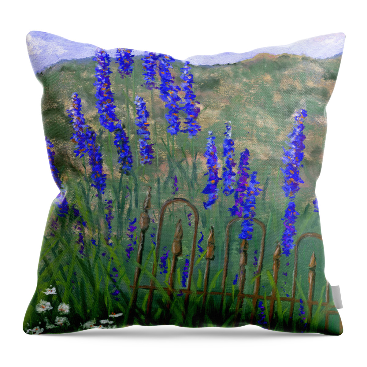 Delphiniums Throw Pillow featuring the pastel Iron Fence and Delphiniums by Ginny Neece