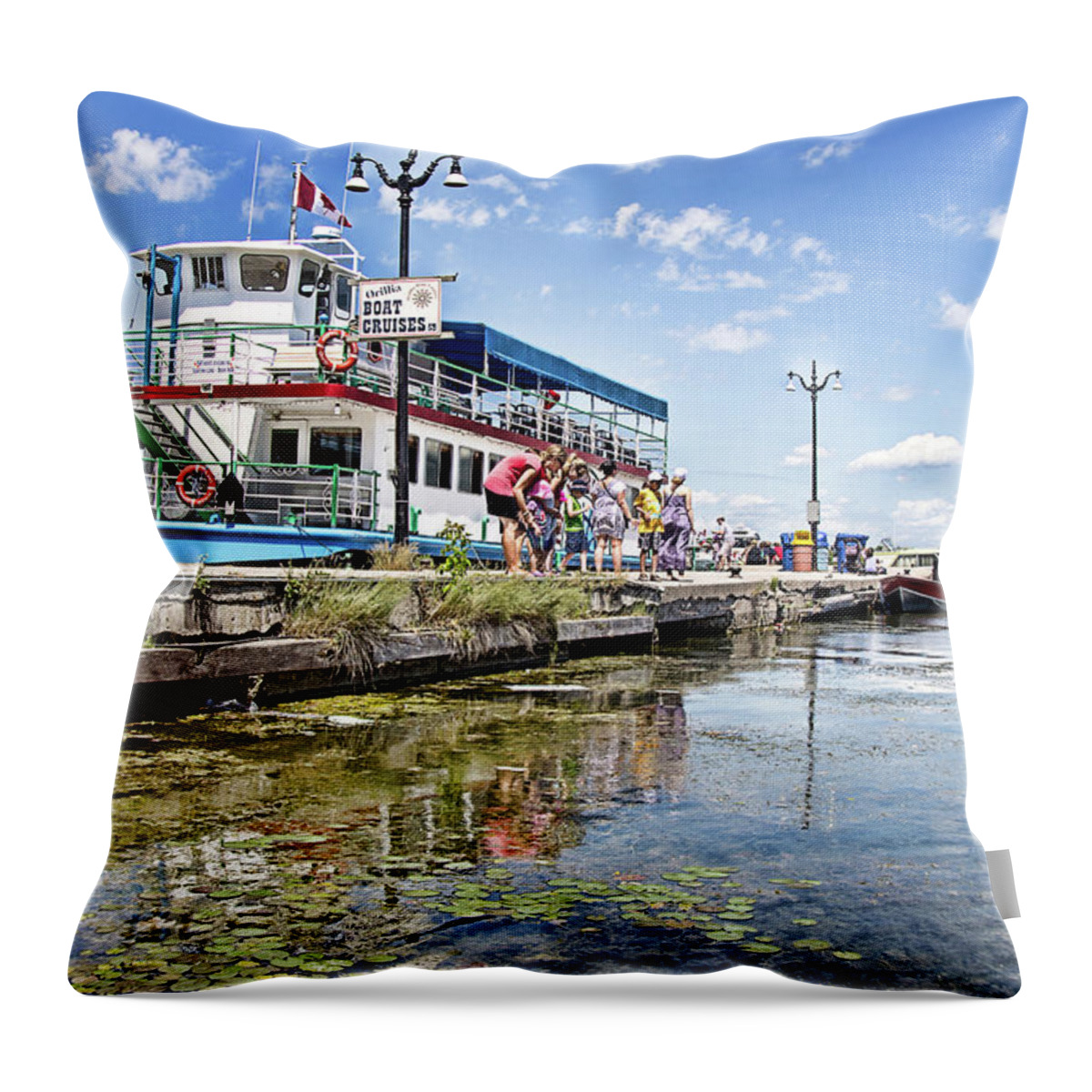 Orillia Throw Pillow featuring the digital art Island Princess at Harbour Dock by JGracey Stinson