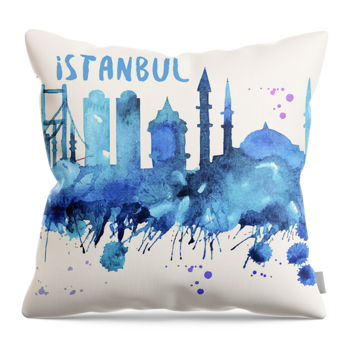 Istanbul Throw Pillow featuring the painting Istanbul Skyline Watercolor Poster - Cityscape Painting Artwork by Beautify My Walls