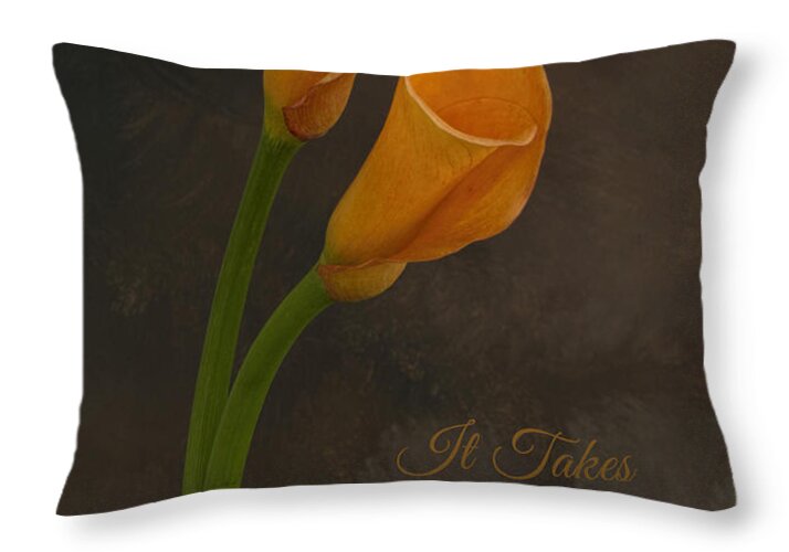 Calla Lilies Throw Pillow featuring the photograph It Takes Two to Tango with Message by Mary Buck