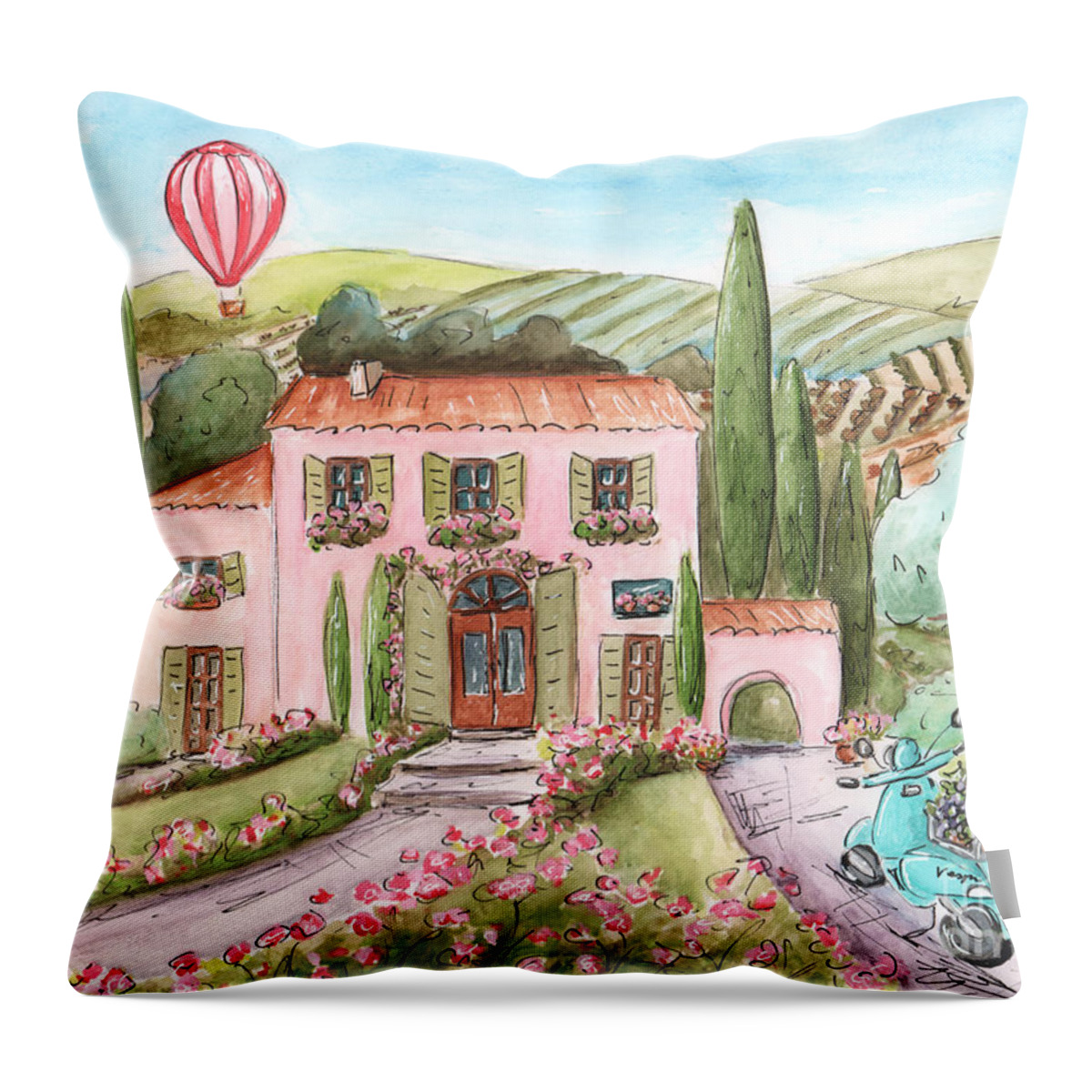 Tuscan Girl's Art Throw Pillow featuring the painting Italian Girl - Tuscan Villa - Vineyards - Hot Air Balloon by Debbie Cerone