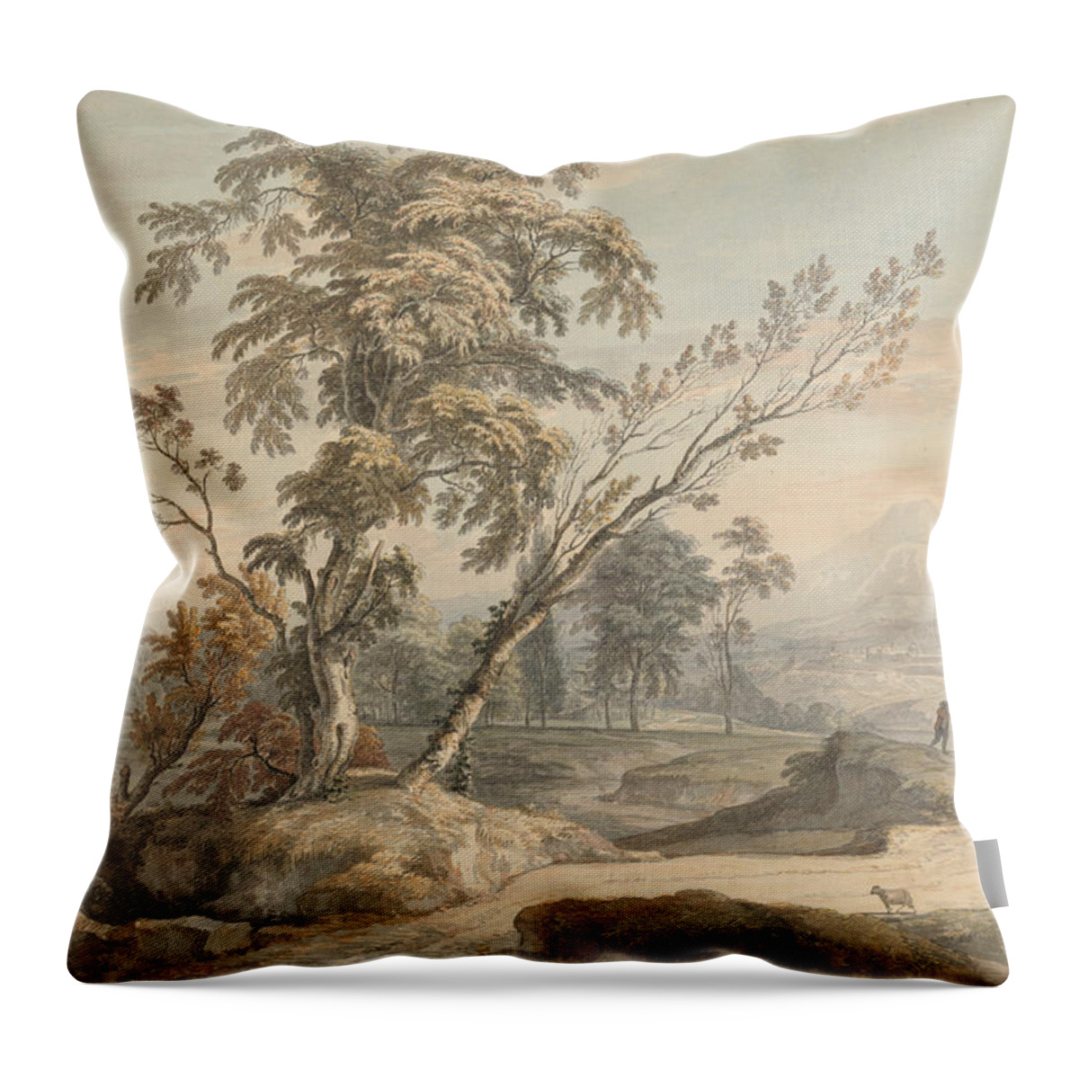 Paul Sandby Throw Pillow featuring the painting Italianate Landscape with Travellers no. 2 by Paul Sandby
