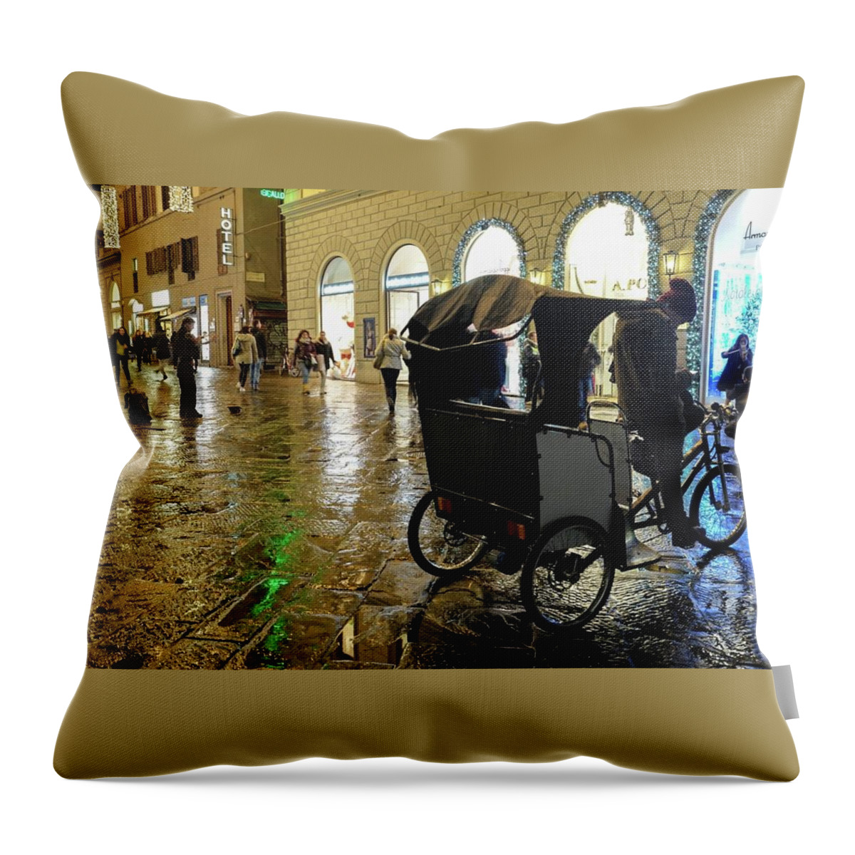 Italy Throw Pillow featuring the photograph Italy Florence Rain Night View by Street Fashion News