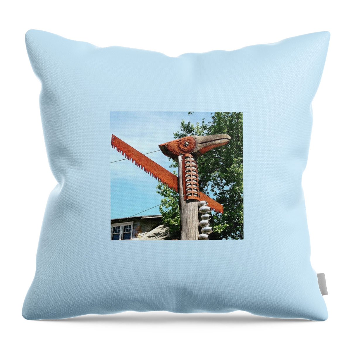 Blue Throw Pillow featuring the photograph Totem pole street art in Portland Oregon by Beate Weiss-krull