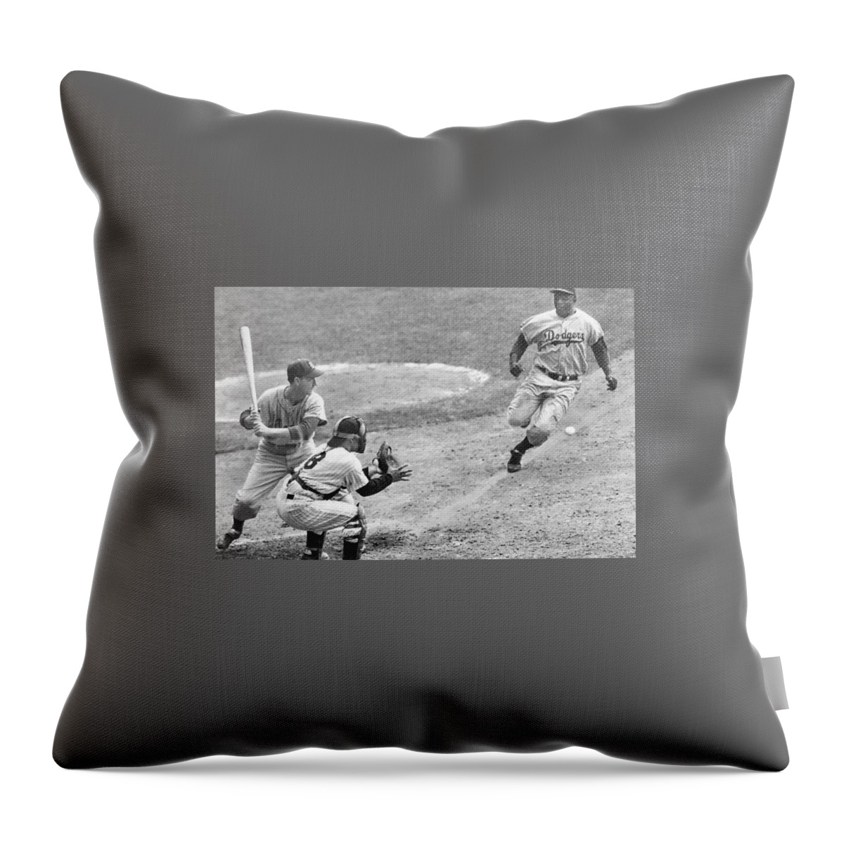 Jackie Robinson Stealing Home Plate With Yogi Berra Catching In 8th Inning Of 1st Game In World Series 1955 Throw Pillow featuring the photograph Jackie robinson stealing home Yogi Berra catcher in 1st game 1955 world series by David Lee Guss