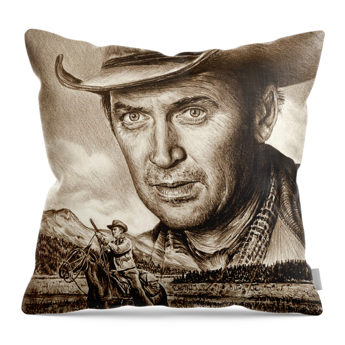 James Stewart Throw Pillow featuring the drawing James Stewart The Far Country by Andrew Read