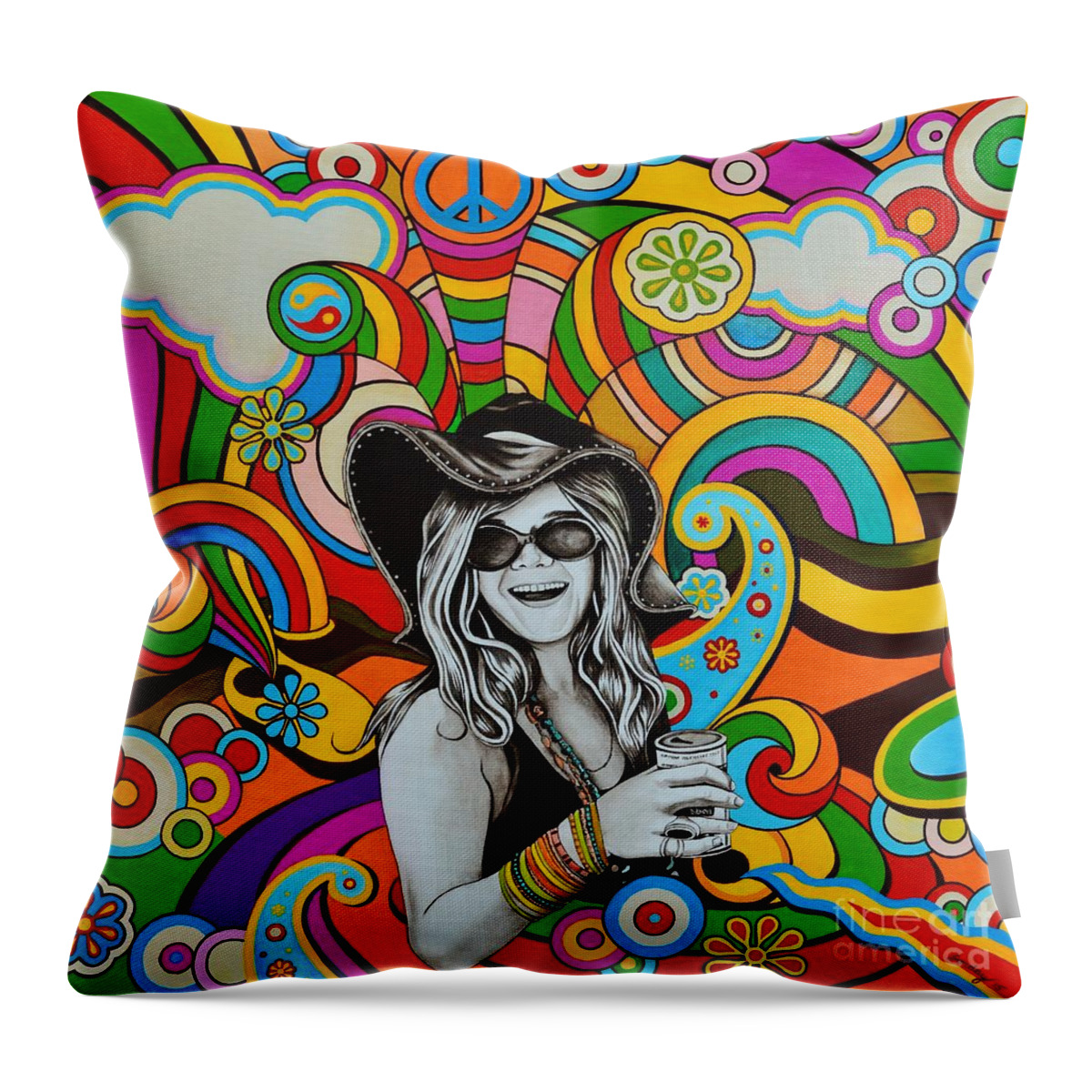 Janis Joplin Throw Pillow featuring the painting Janis in Wonderland by Joseph Sonday