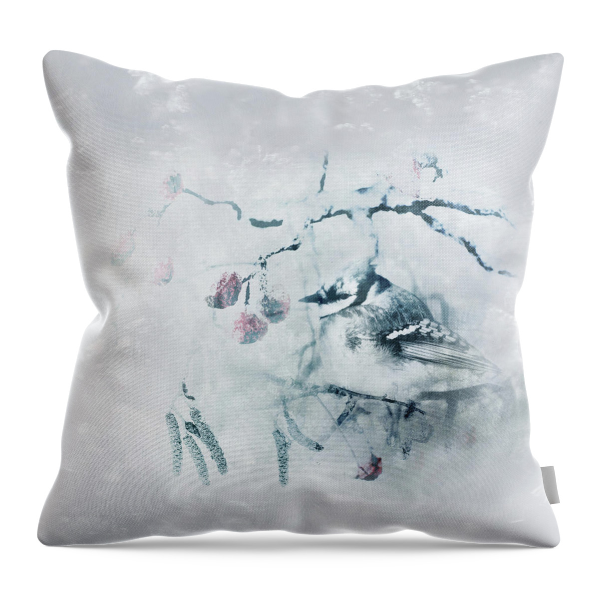 Bluejay Throw Pillow featuring the digital art January Bluejay by Sue Capuano