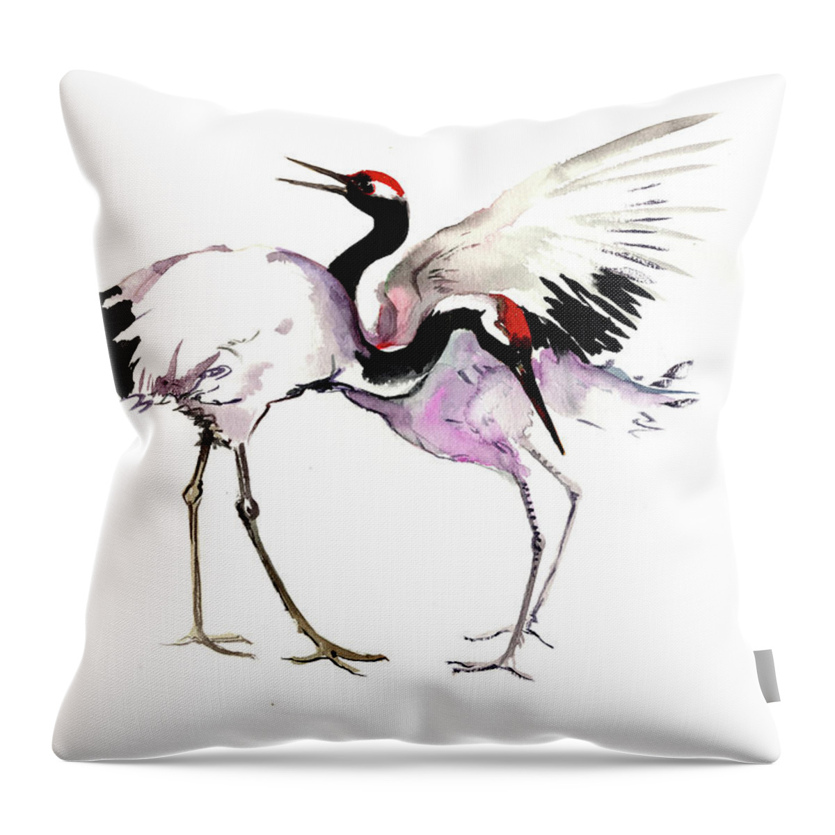 Japanese Throw Pillow featuring the painting Japanese Cranes by Suren Nersisyan