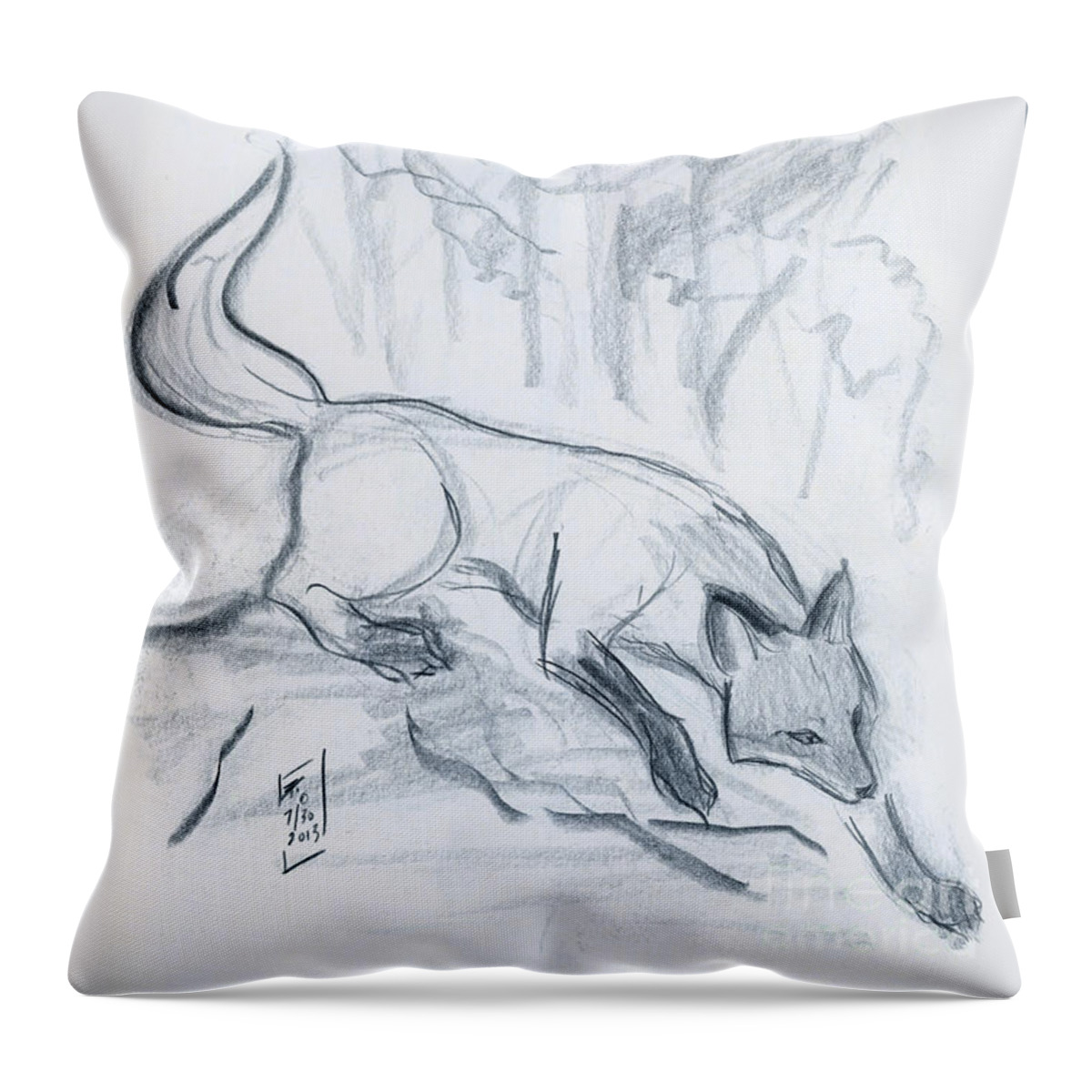 Okami Throw Pillow featuring the drawing Japanese Fox Sketch by Brandy Woods