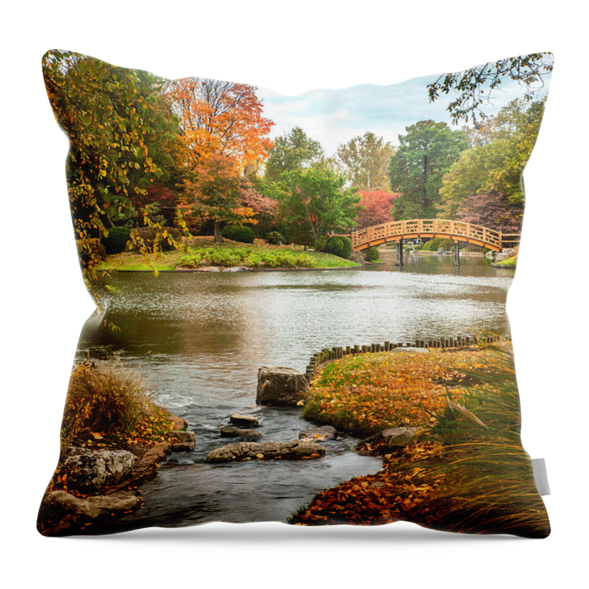 Botanical Throw Pillow featuring the photograph Japanese Garden Bridge Fall by David Coblitz