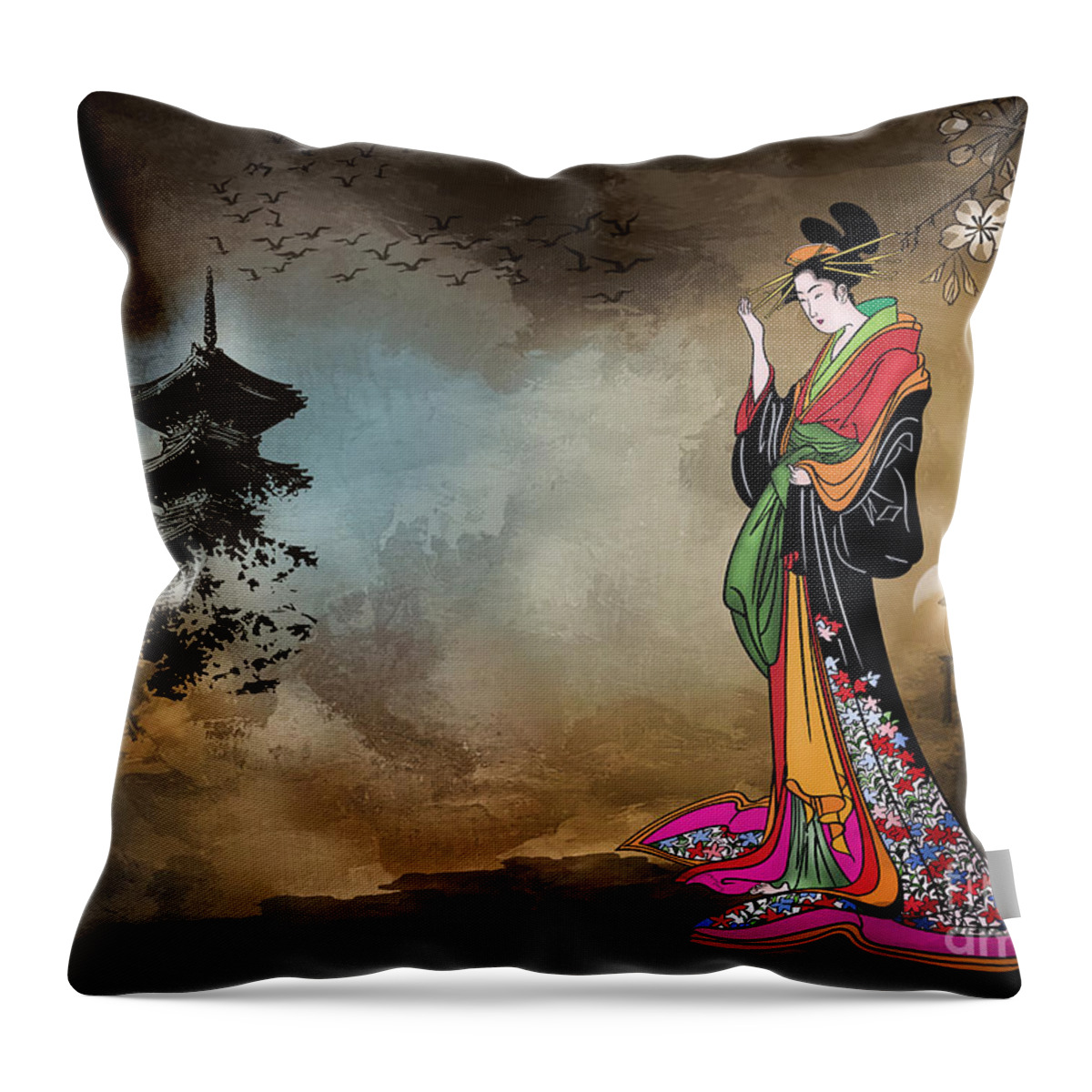 Geisha Throw Pillow featuring the digital art Japanese girl with a landscape in the background. by Andrzej Szczerski