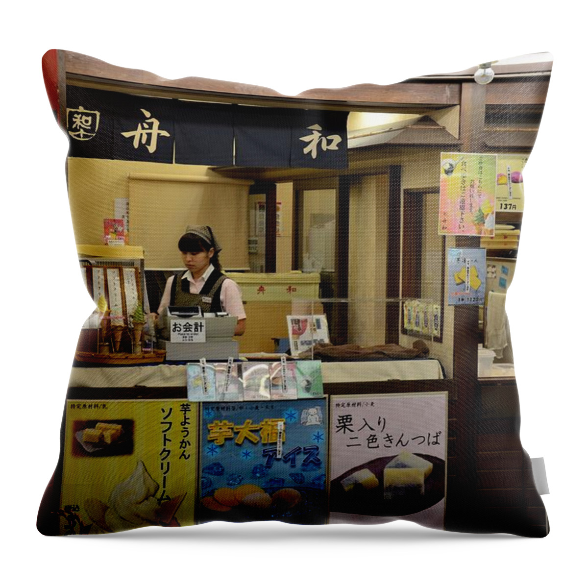 Tokyo Throw Pillow featuring the photograph Japanese ice cream dessert stall with female counter staff in Tokyo Japan by Imran Ahmed