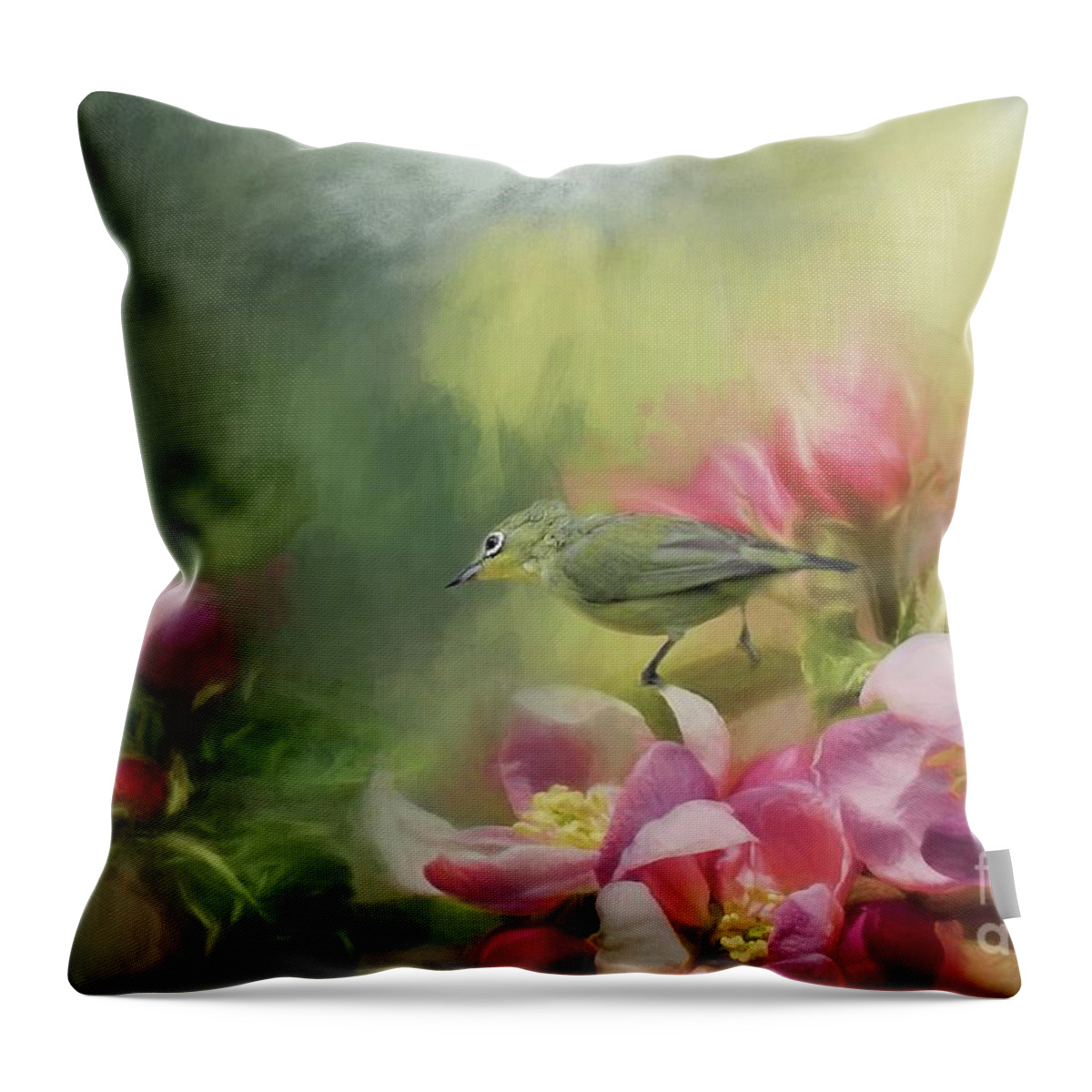 Japanese White-eye Throw Pillow featuring the photograph Japanese white-eye on a blooming tree by Eva Lechner