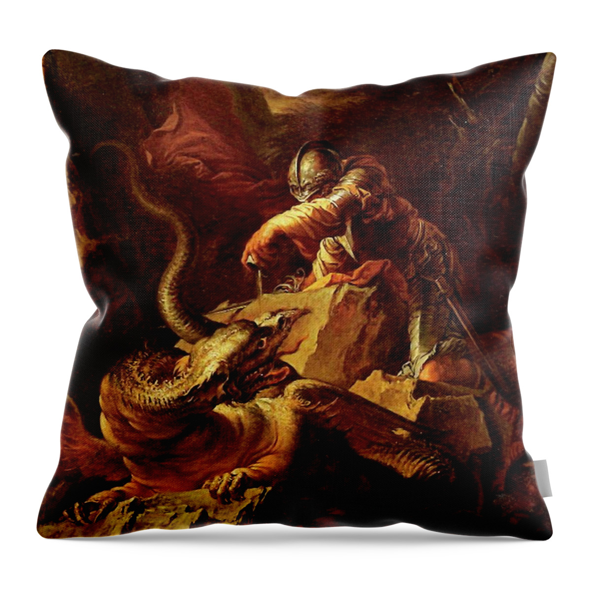 Jason Charming The Dragon Throw Pillow featuring the painting Jason Charming the Dragon by Salvator Rosa
