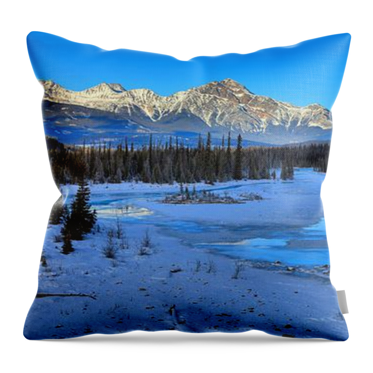 Athabasca River Throw Pillow featuring the photograph Jasper Winter Mountain Panorama by Adam Jewell