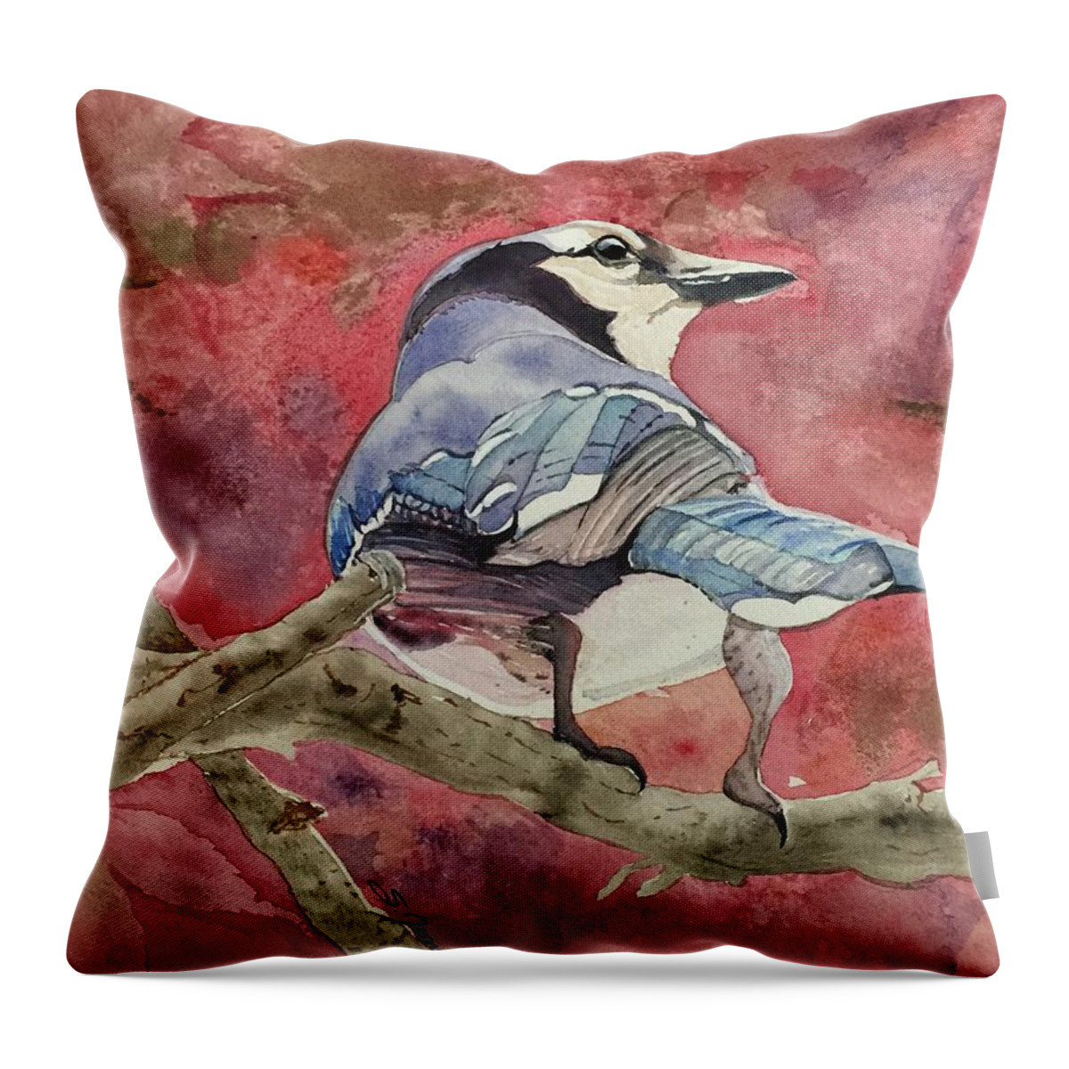 Blue Jay Throw Pillow featuring the painting Jay in the Japanese Maple by Sonja Jones