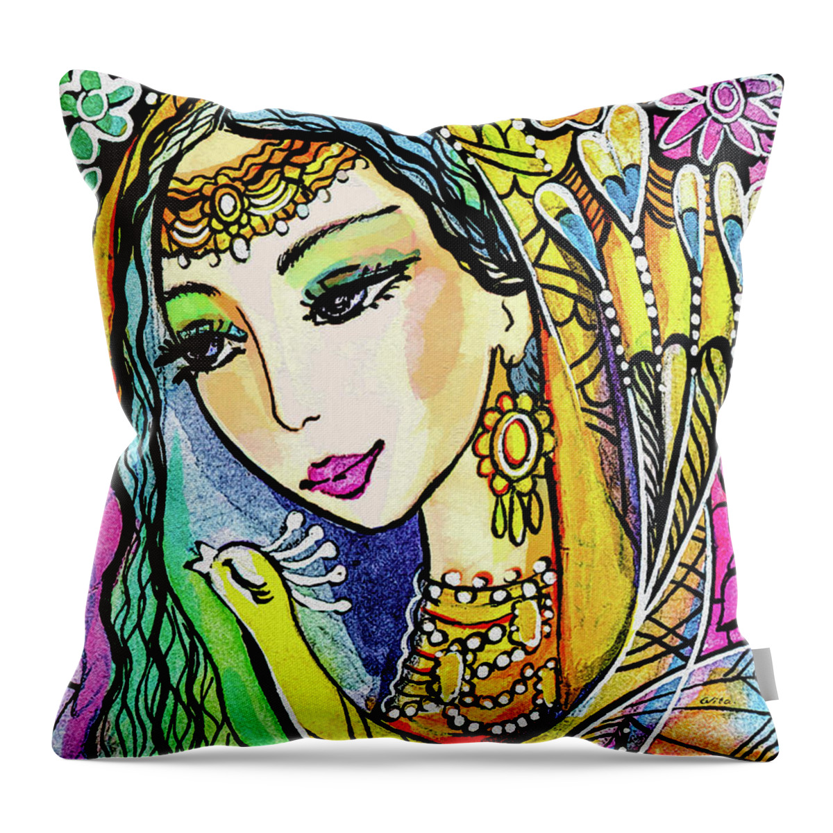 Indian Woman Throw Pillow featuring the painting Jayanti by Eva Campbell