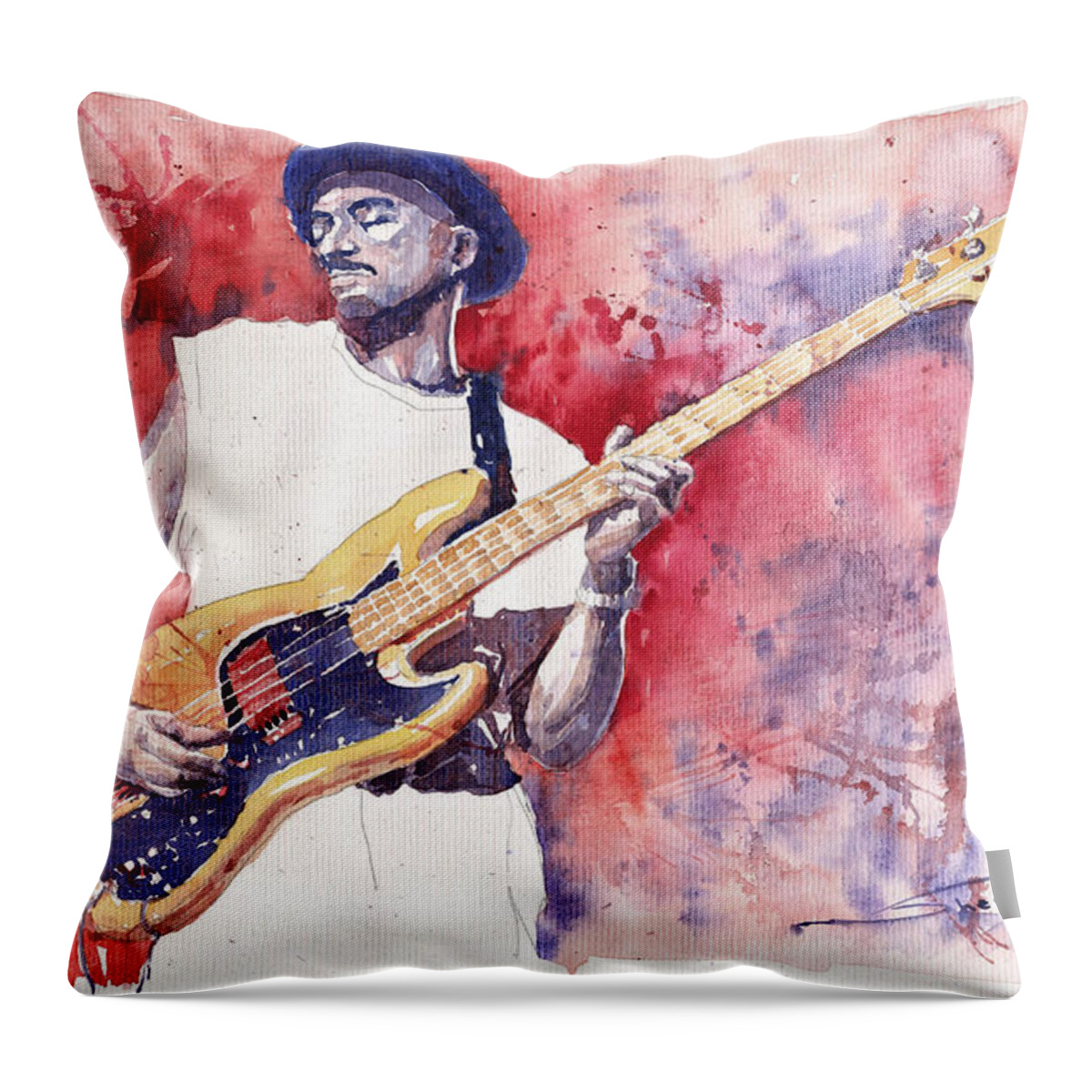 Jazz Throw Pillow featuring the painting Jazz Guitarist Marcus Miller Red by Yuriy Shevchuk