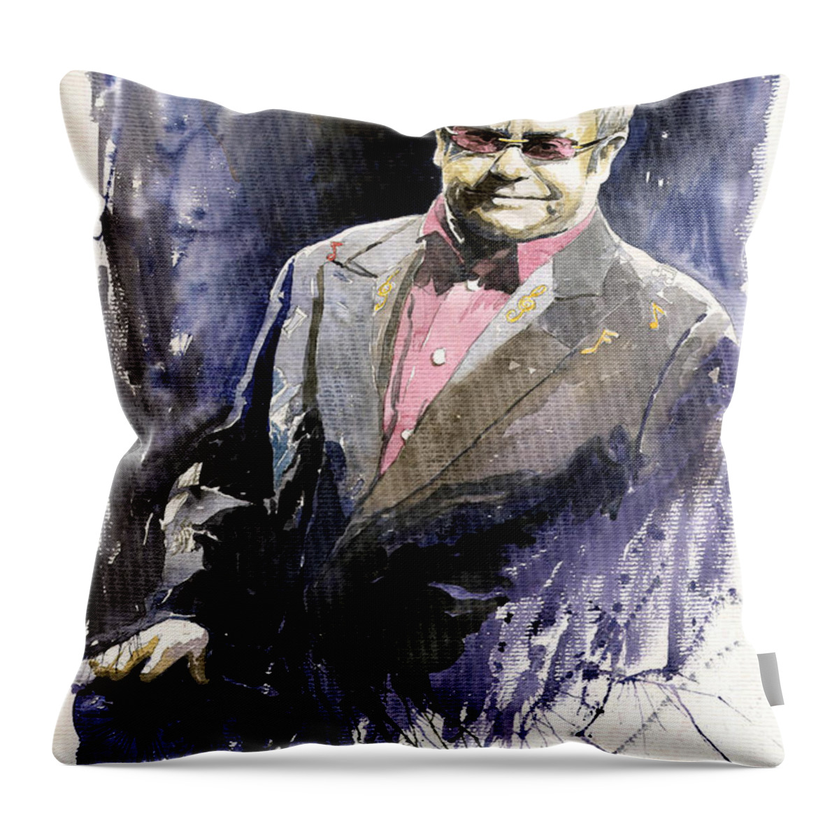 Watercolour Throw Pillow featuring the painting Jazz Sir Elton John by Yuriy Shevchuk