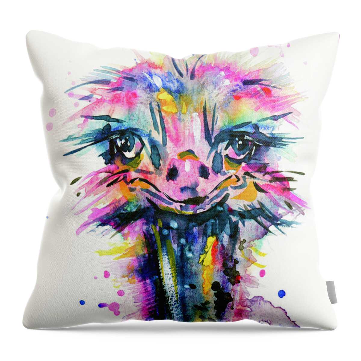 Ostrich Throw Pillow featuring the painting Jazzzy Ostrich by Zaira Dzhaubaeva