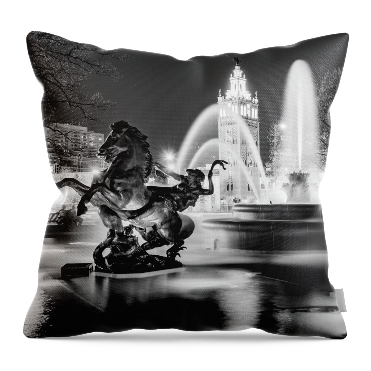Missouri Fountain Throw Pillow featuring the photograph J.C. Nichols Fountain and Statues - Square Format - Black and White Edition by Gregory Ballos