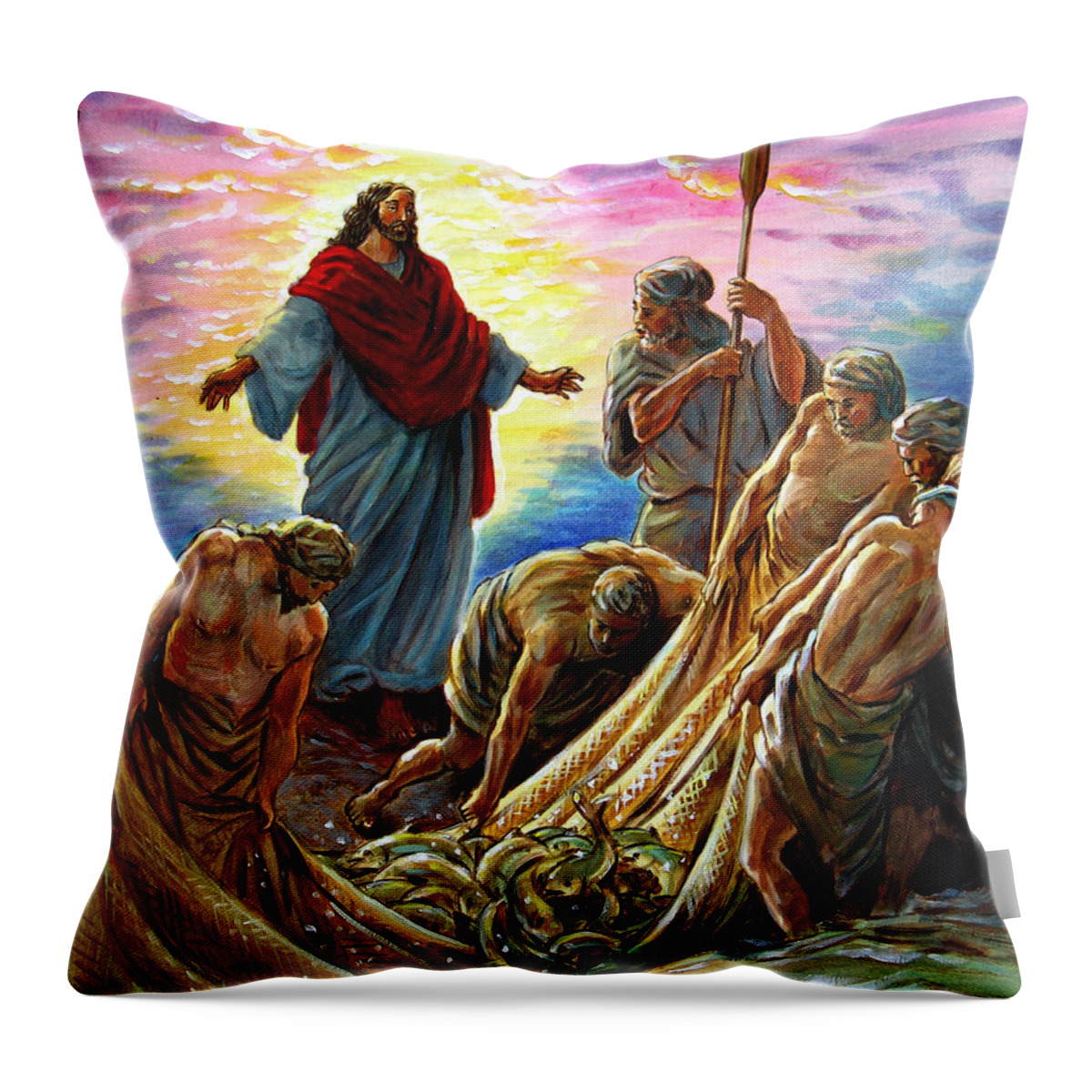 Jesus Throw Pillow featuring the painting Jesus Appears to the Fishermen by John Lautermilch