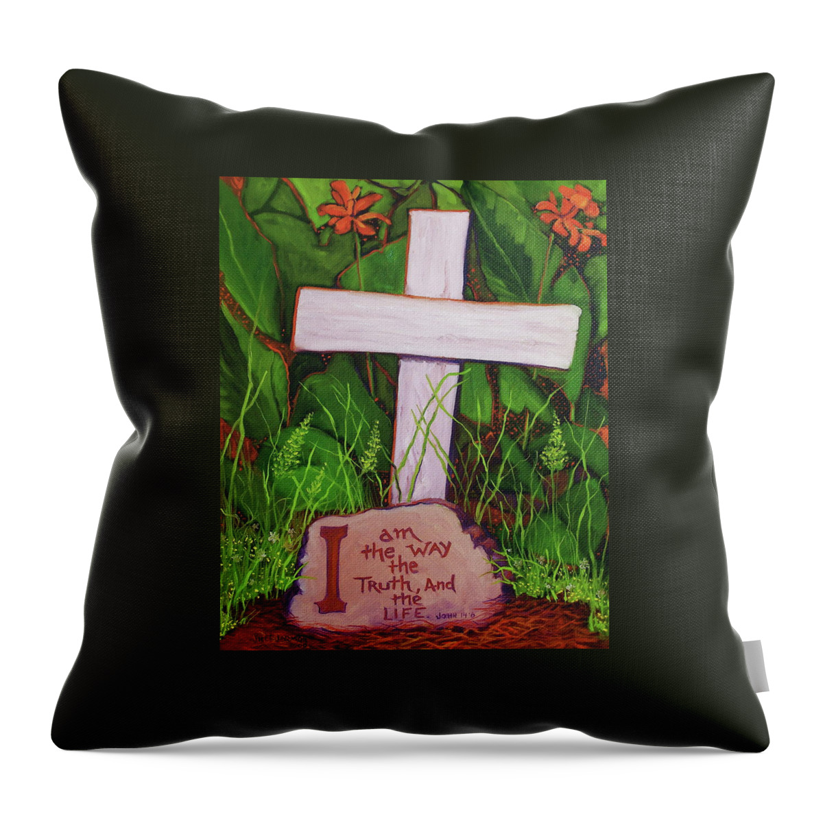 Christian Throw Pillow featuring the painting Garden Wisdom, The Way by Jeanette Jarmon