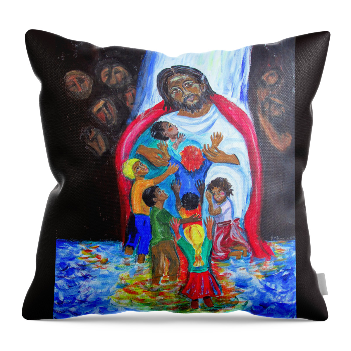 Jesus Throw Pillow featuring the painting Jesus loves the Children by Sarah Hornsby