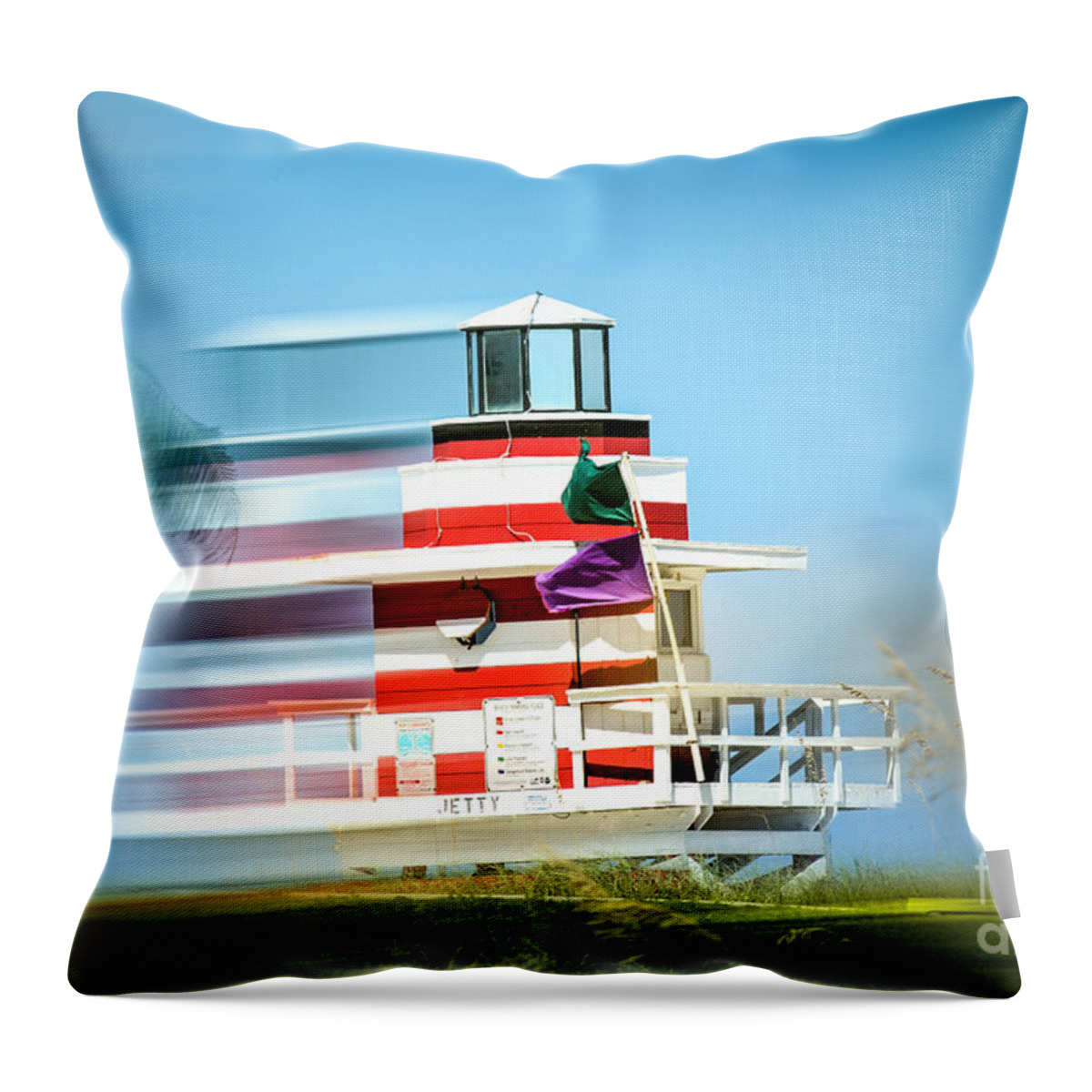  Lifeguard Stand Throw Pillow featuring the photograph Jetty 1 Lighthouse and Lifeguard Stand by Rene Triay FineArt Photos