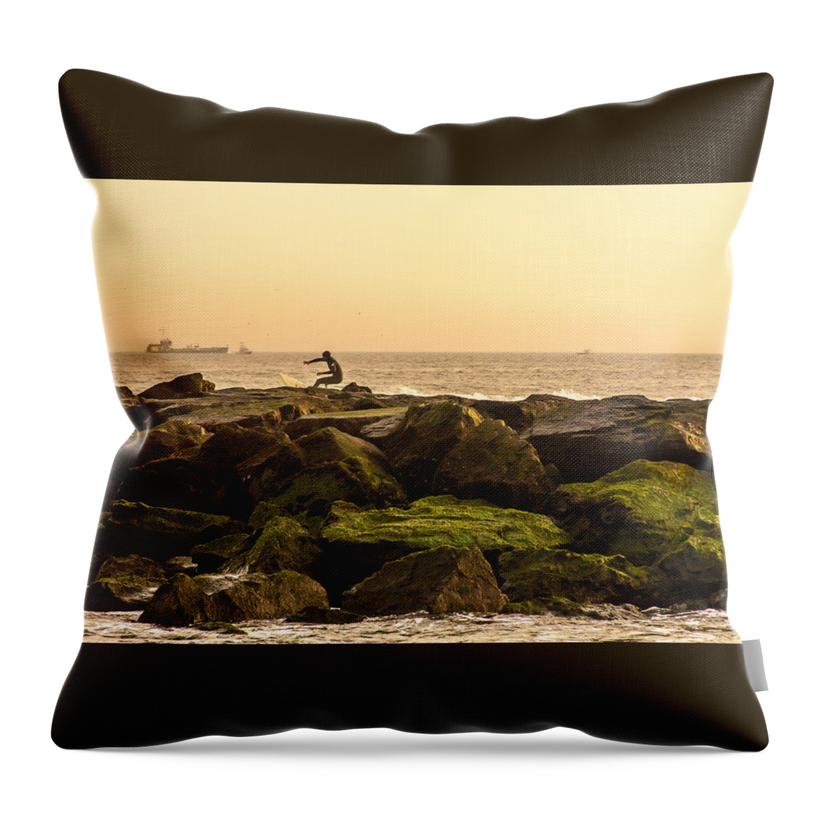 Surfer Throw Pillow featuring the photograph Jetty Surfer by Kathleen McGinley