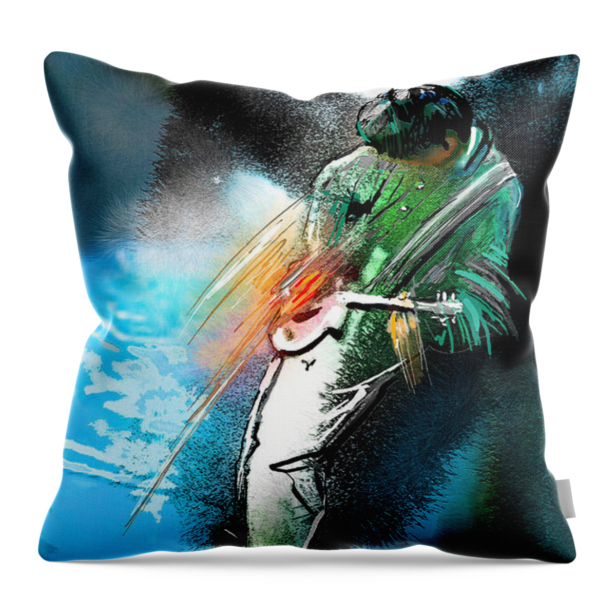 Music Throw Pillow featuring the painting Jimmy Page Lost in Music by Miki De Goodaboom