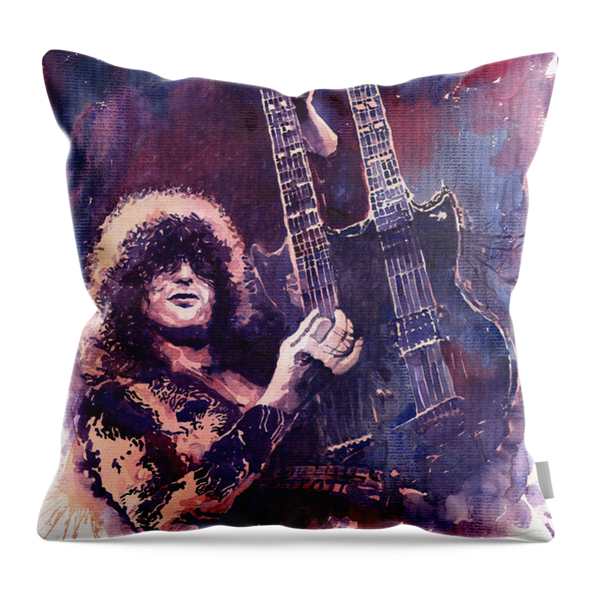 Watercolour Throw Pillow featuring the painting Jimmy Page by Yuriy Shevchuk
