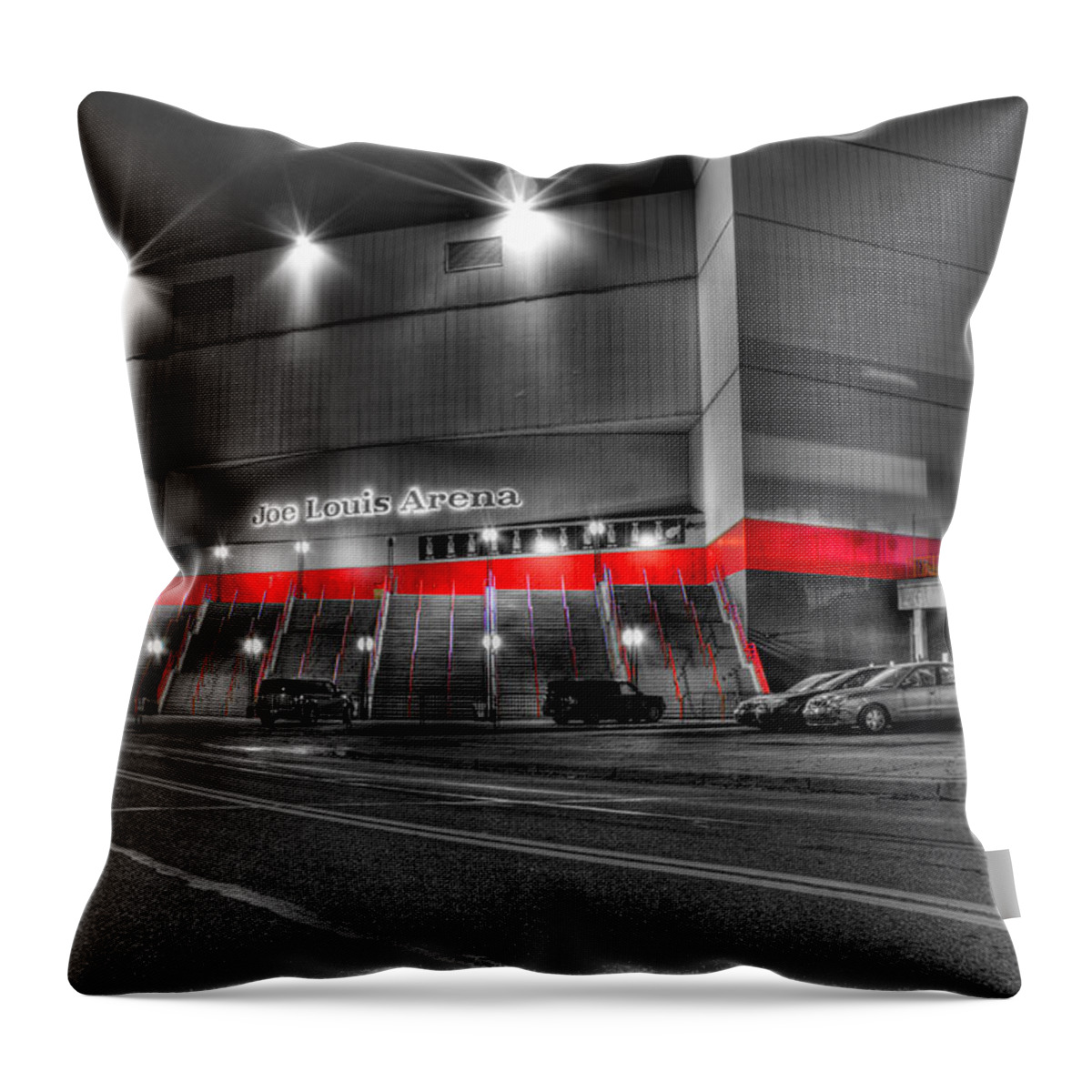 Black And White Throw Pillow featuring the photograph Joe Louis Arena Detroit MI by Nicholas Grunas