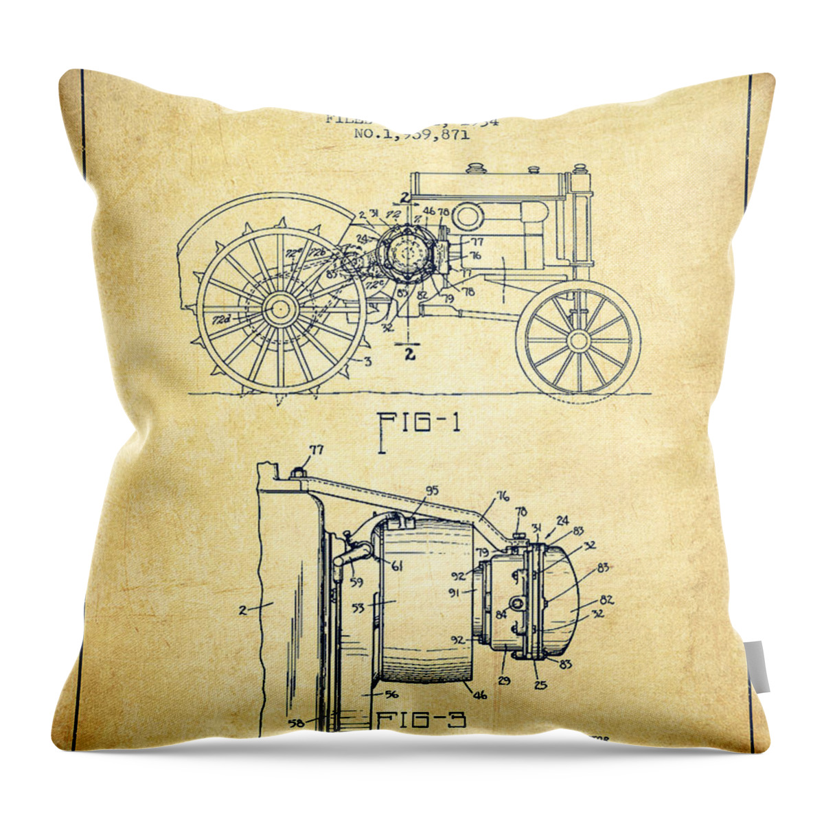 Tractor Throw Pillow featuring the digital art John Deere Tractor Patent drawing from 1934 - Vintage by Aged Pixel